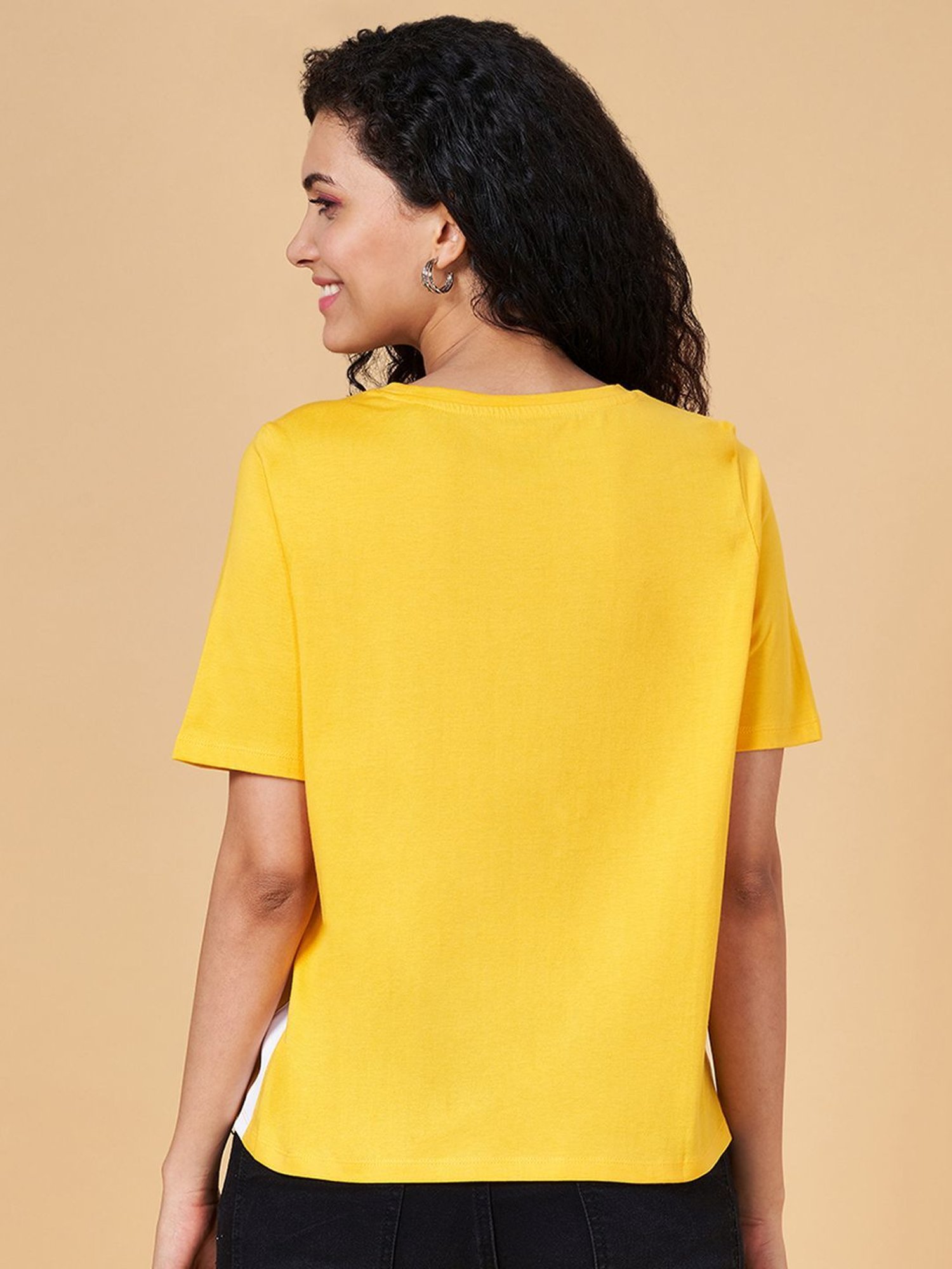 People by Pantaloons Yellow Cotton Graphic Print T-Shirt