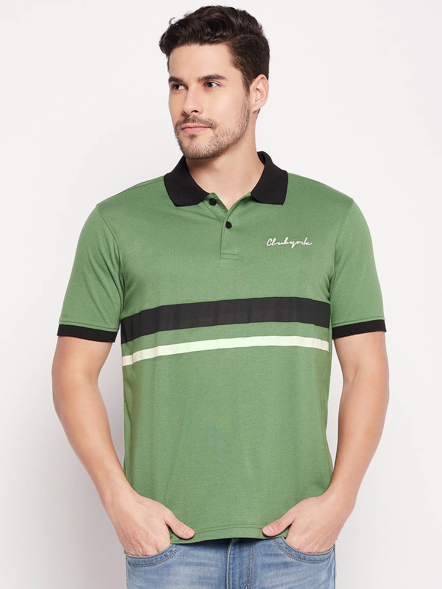 Club York Green Regular Fit Striped Polo T-Shirt