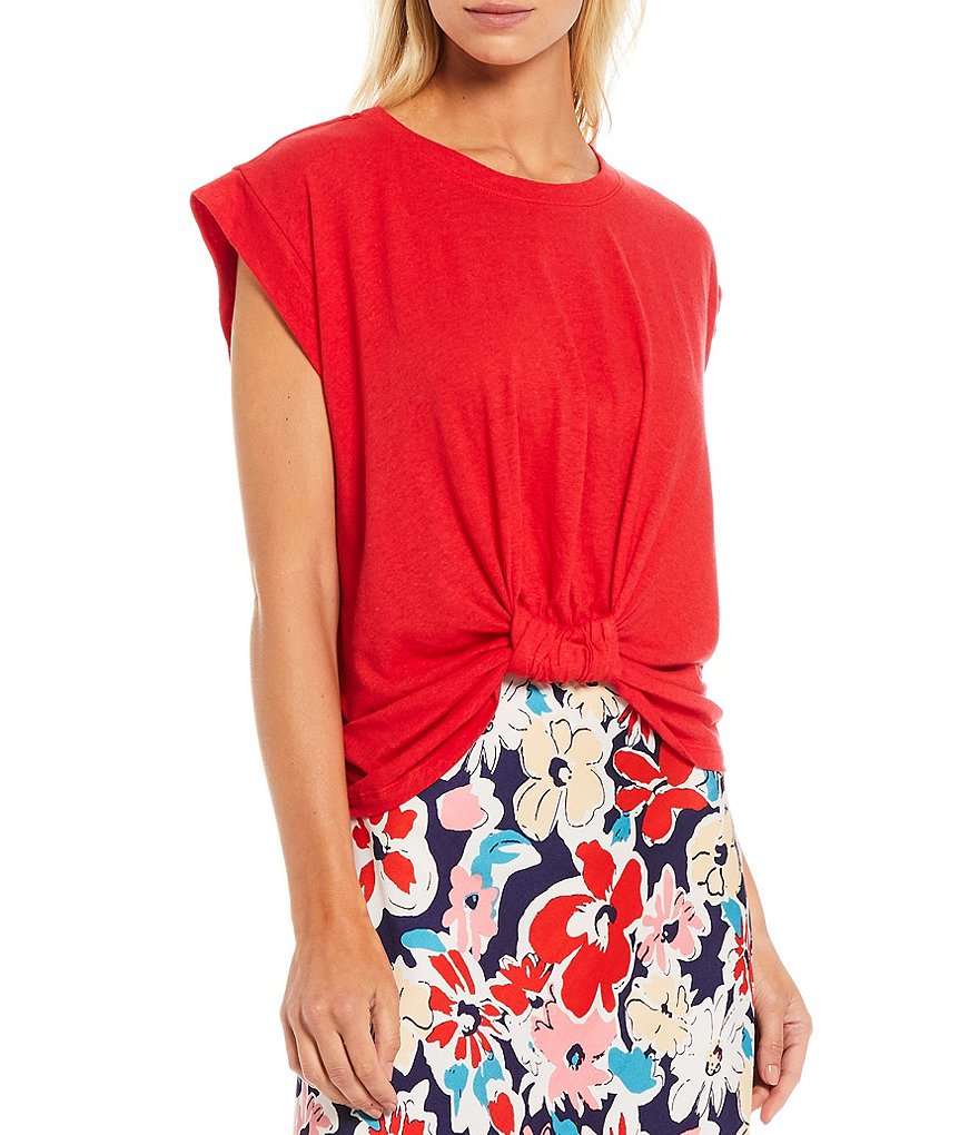 Skies Are Blue Knotted Front Cuffed Cap Sleeve Jewel Neck Top