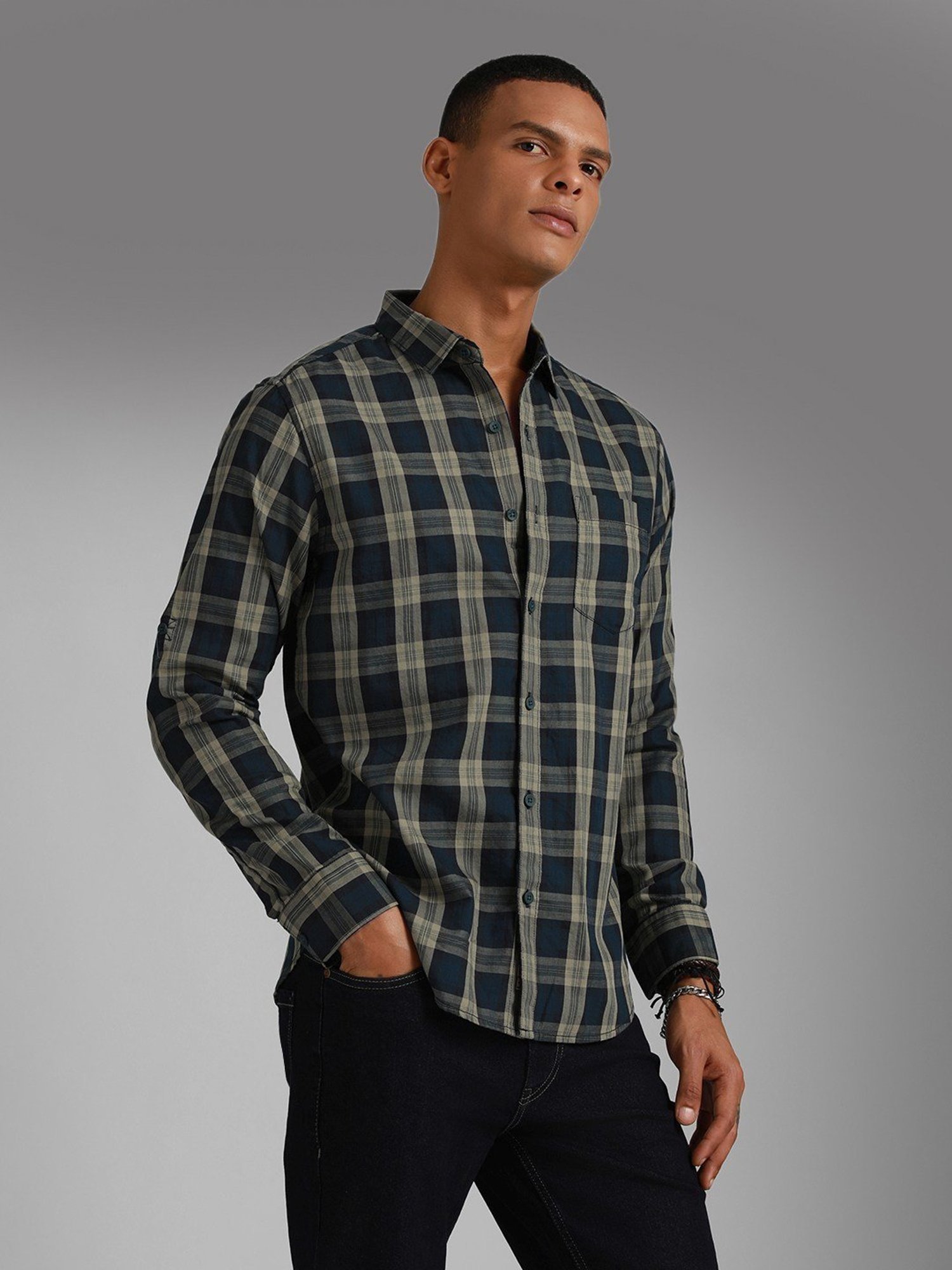 High Star Green Cotton Regular Fit Checks Shirt