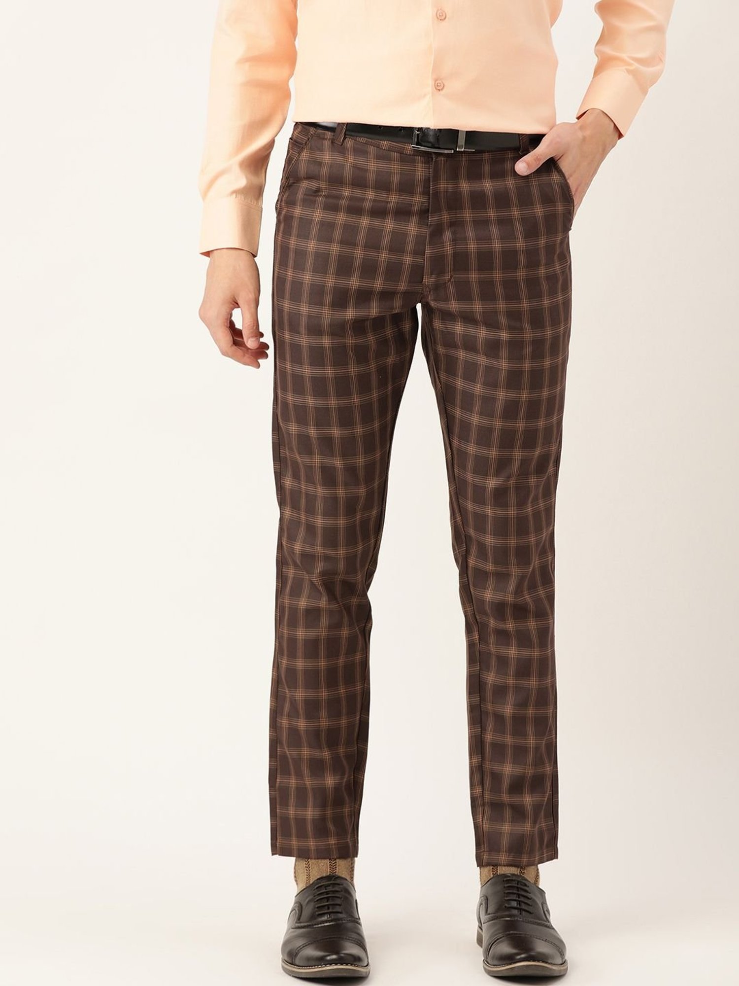 Sojanya Brown Cotton Regular Slim Fit Checks Flat Front Trousers