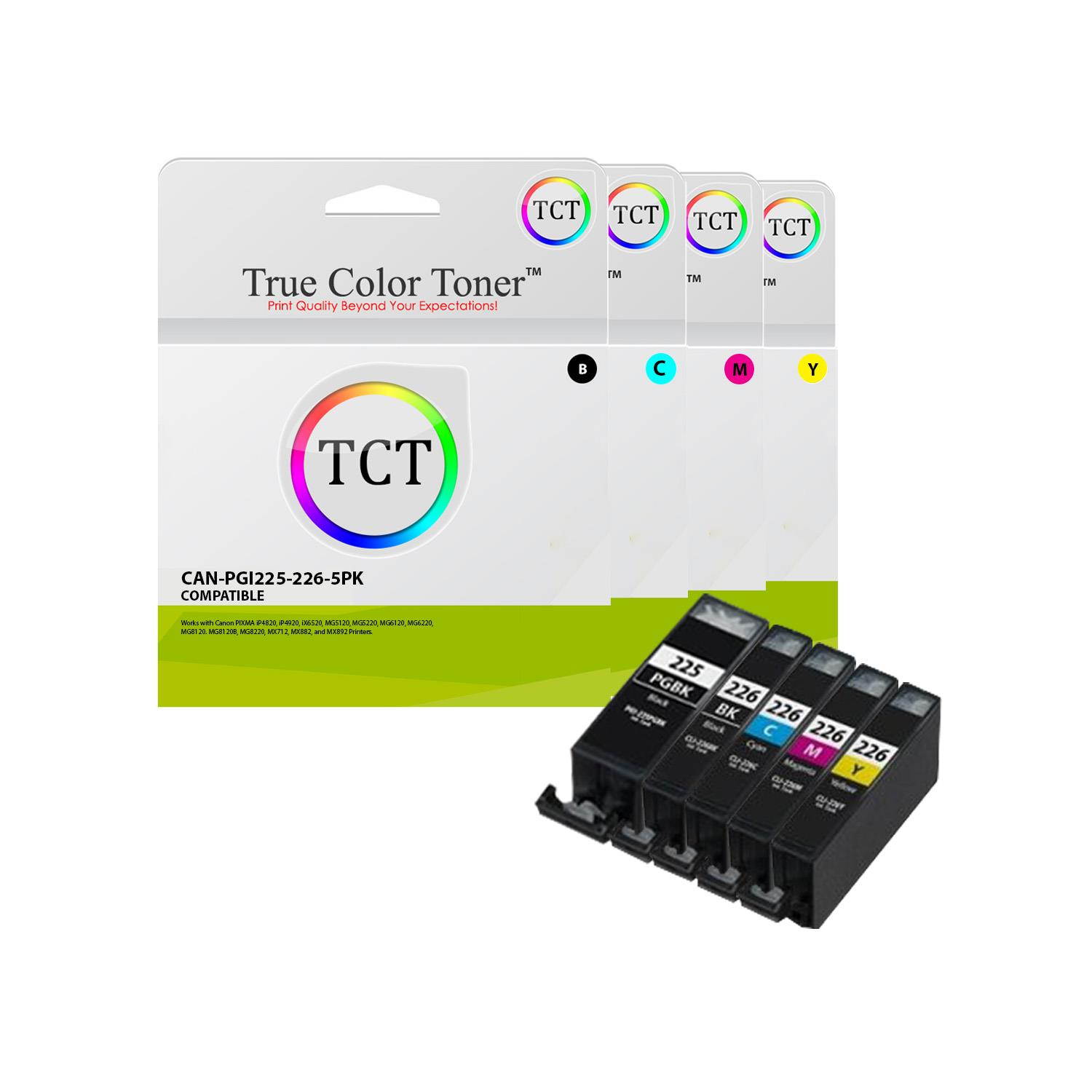 TCT Compatible Ink Cartridge Replacement for Canon PGI-225 CLI-226 works with Canon Pixma iP4820 iP4920, iX6520, MG5120 MG5220 MX882 Printers (Pigment Black, Black, Cyan, Magenta, Yellow) - 5 Pack