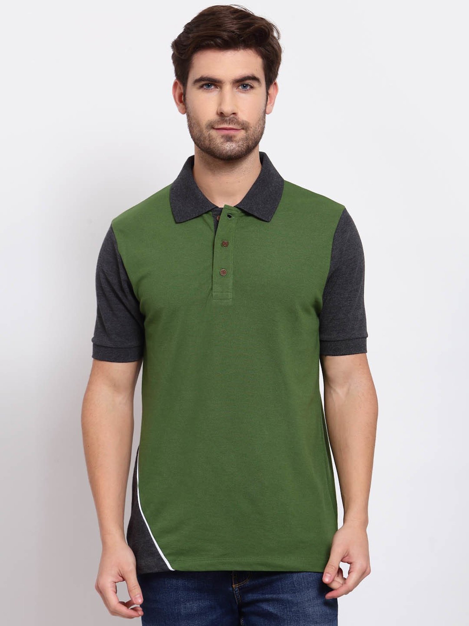 Kalt Green & Dark Grey Regular Fit Colour-Block Polo T-Shirt