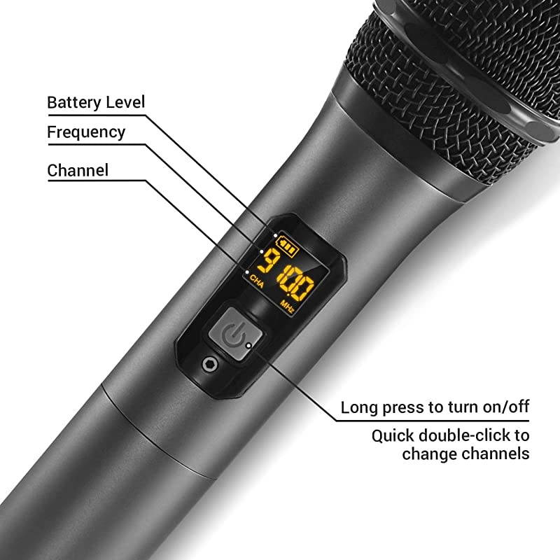 Wireless MicrophoneMetal Dual Professional UHF Cordless Dynamic Mic Handheld Microphone System for Home Karaoke Meeting Party Church DJ Wedding Home KTV Set 200ftTW820