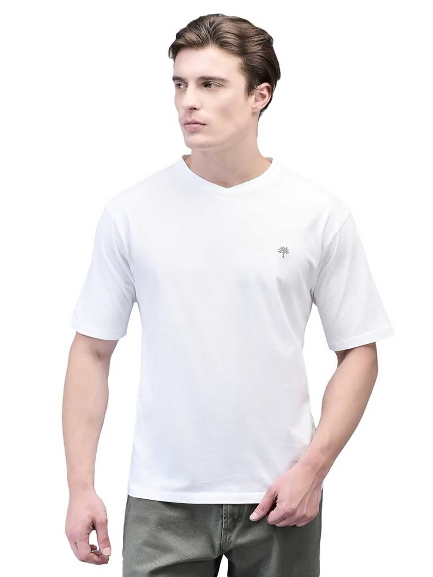 Woodland White Regular Fit V Neck T-Shirt
