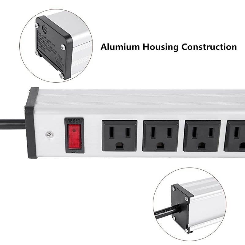 Rack Mount Power Outlet Surge Protector Power Strip 24 Outlet Heavy Duty Multi Plug Outlet Aluminum Socket with Smart Circuit Breaker and 15 Ft Long Cord Silver