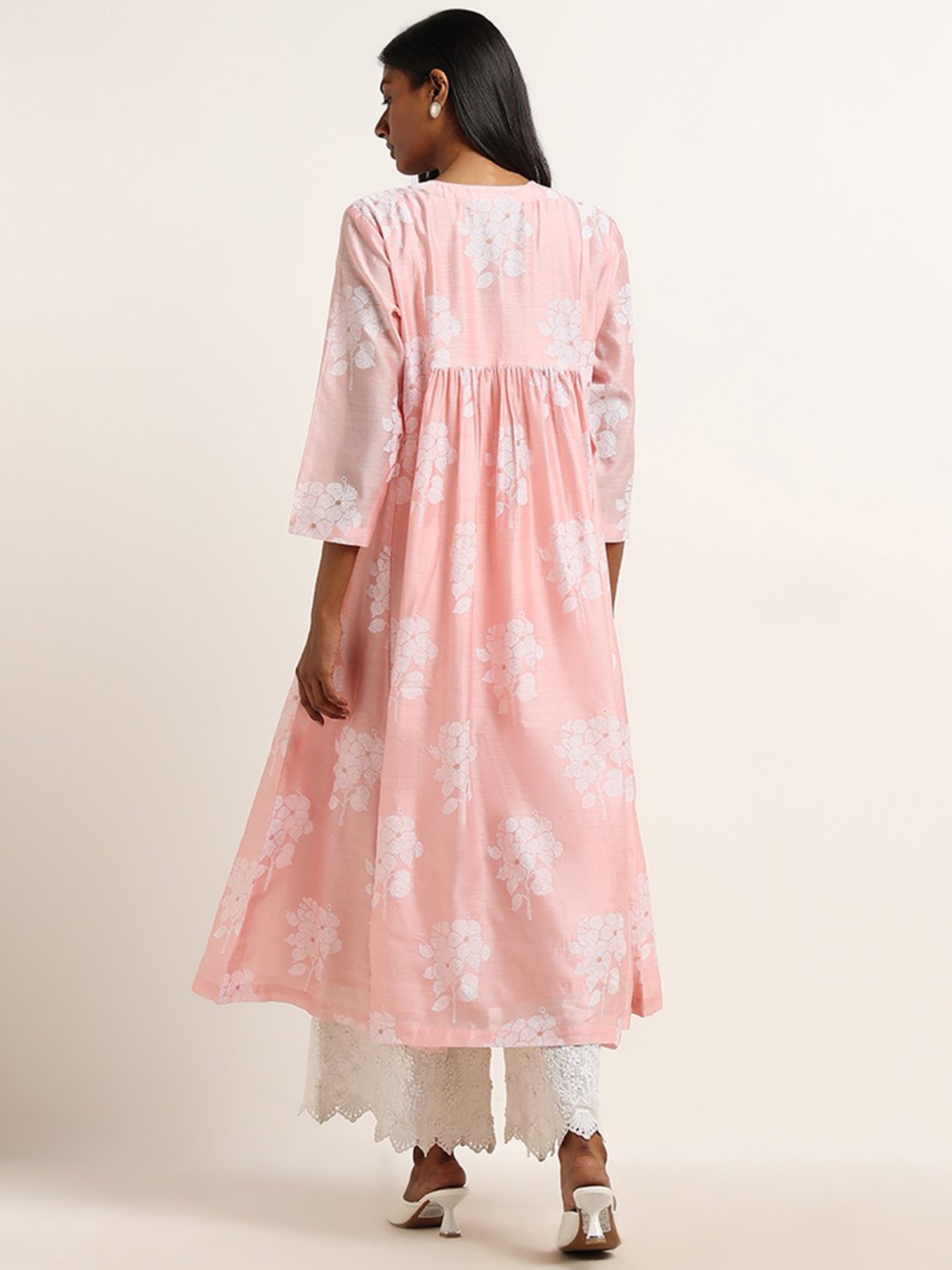 Zuba by Westside Pink Bandhani Floral Design A-Line Kurta with Camisole