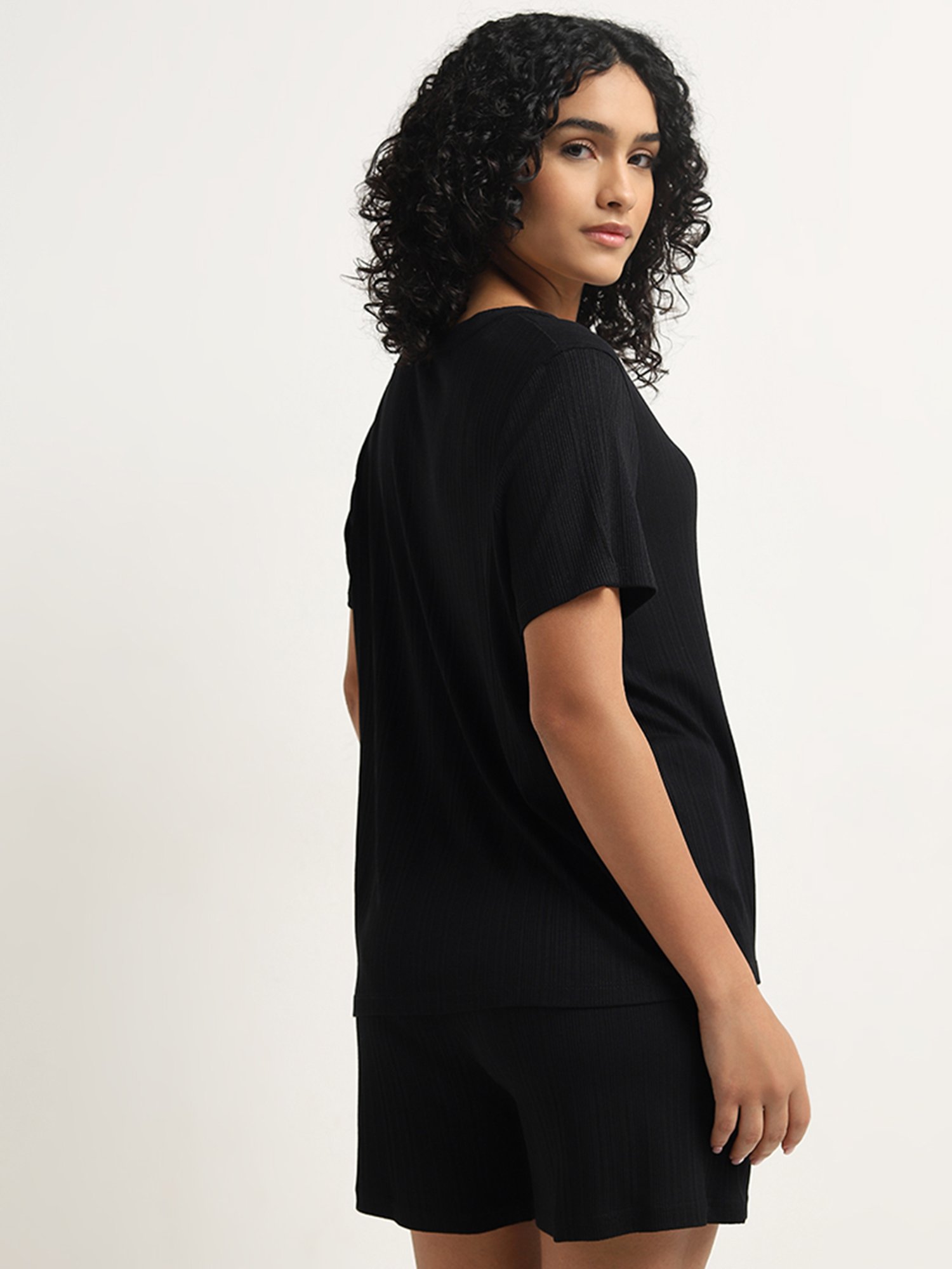 Wunderlove by Westside Black Ribbed Textured Henley Top