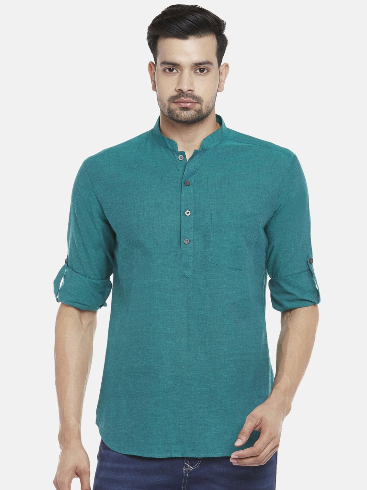 Indus Route by Pantaloons Teal Cotton Regular Fit Short Kurtas