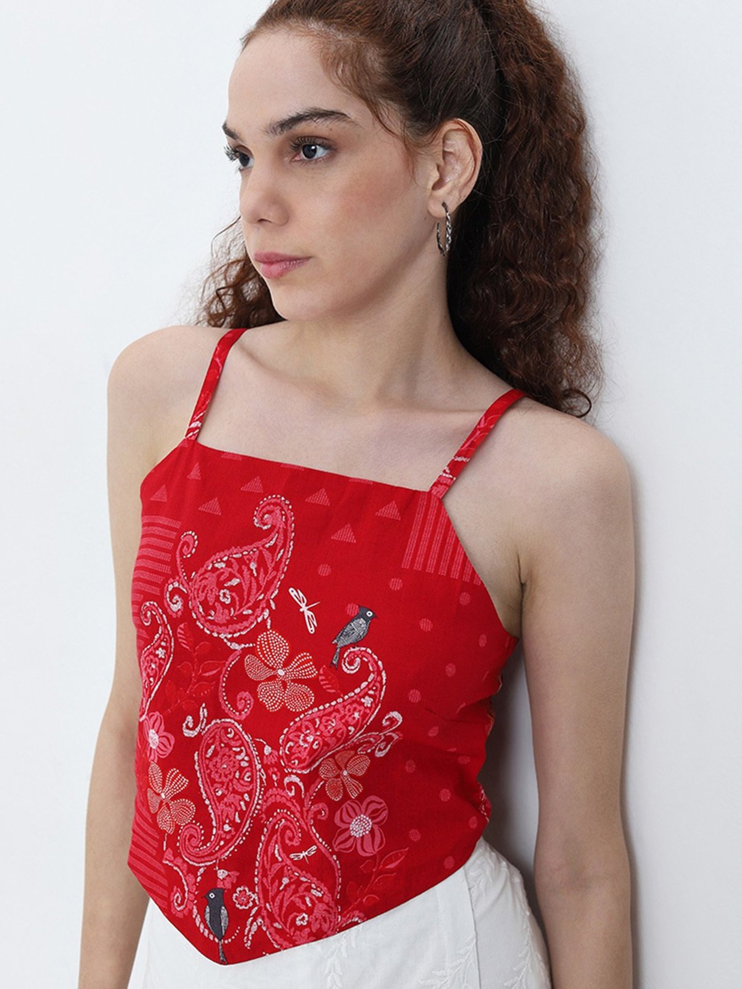 Bombay Paisley by Westside Red Paisley Printed Crop Cotton Top