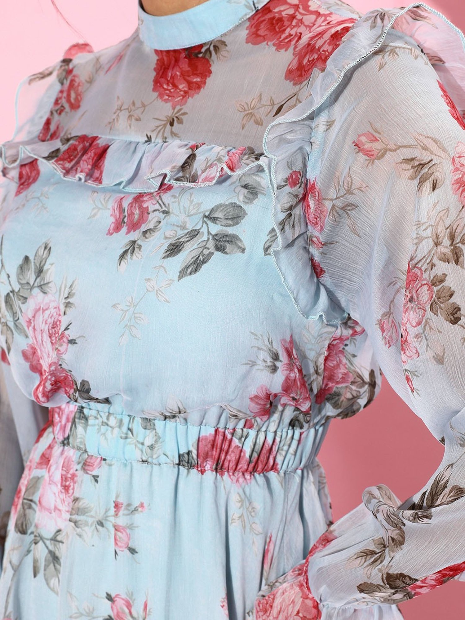 QUIERO Sky Blue Floral Print Fit & Flare Dress