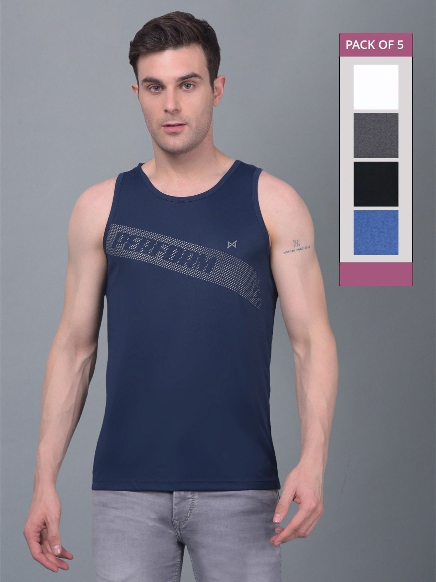 Force NXT Multicolored Regular Fit Printed Gym Vest - Pack Of 5