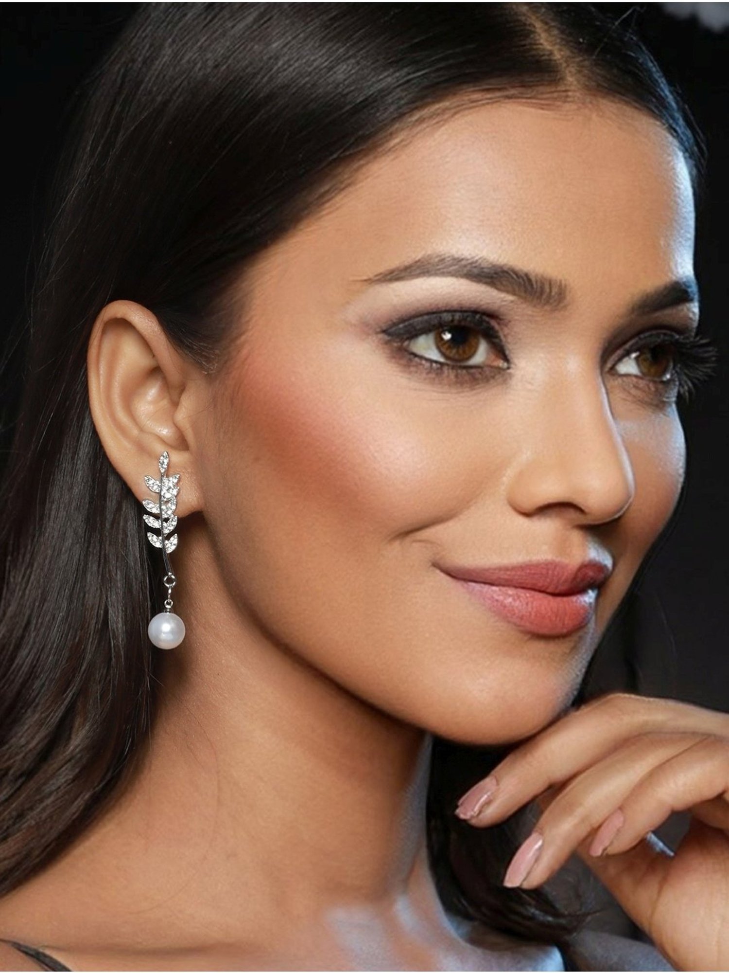 Prita by Priyaasi Leaf American Diamond Pearl Silver-Plated Dangler Earrings