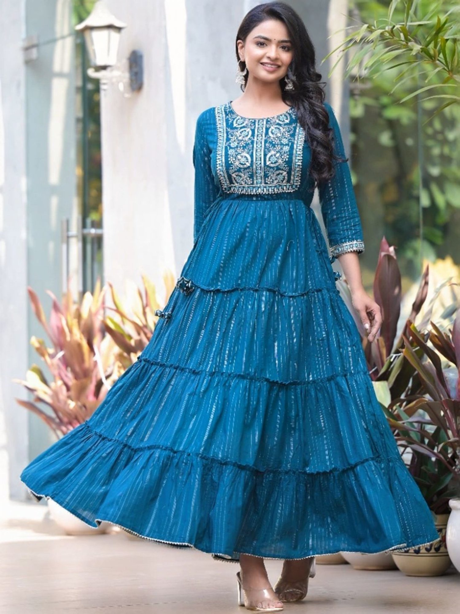 Varanga Teal Blue Cotton Embroidered Maxi Dress