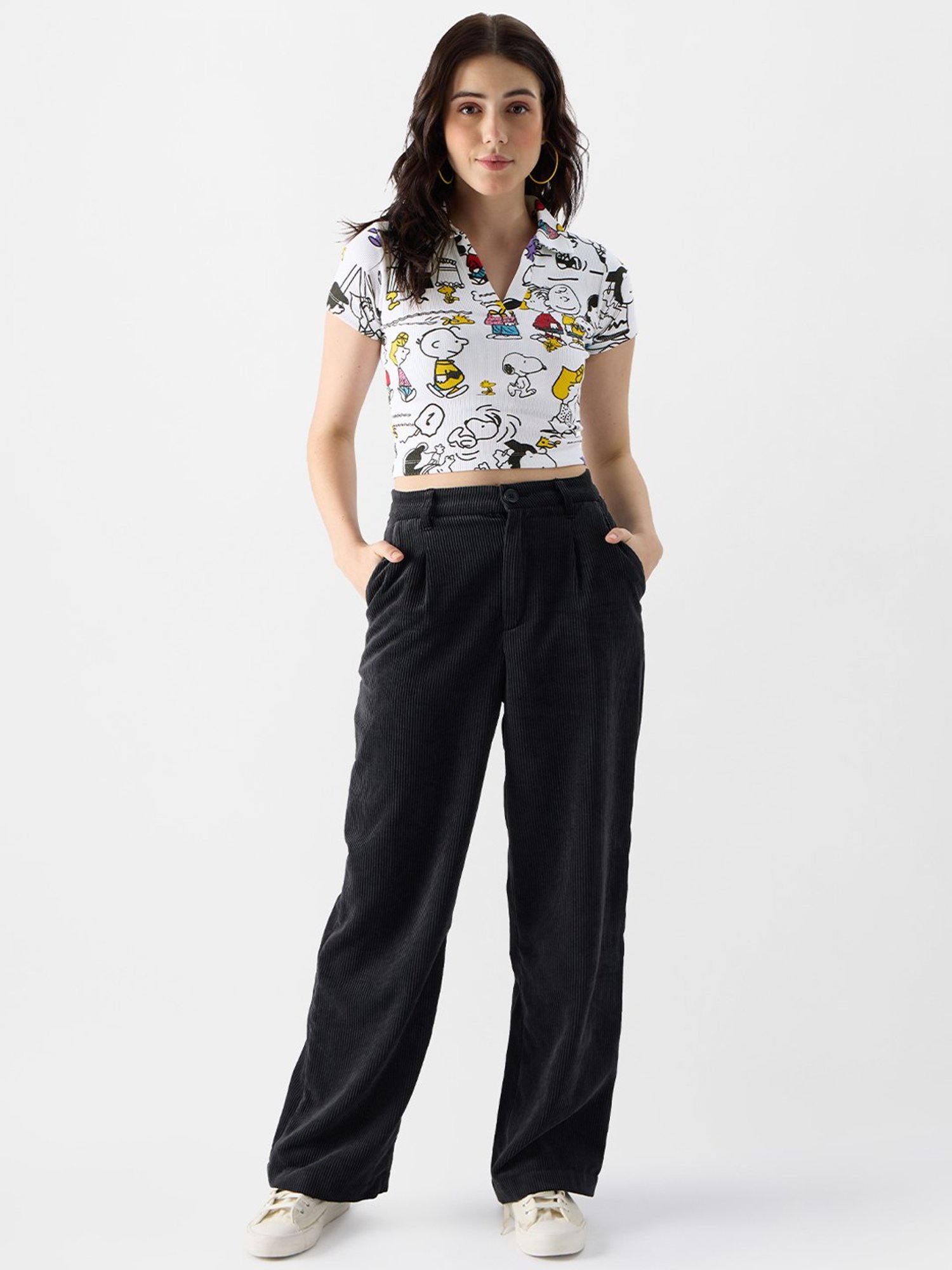 The Souled Store White Cotton Printed Crop T-Shirt