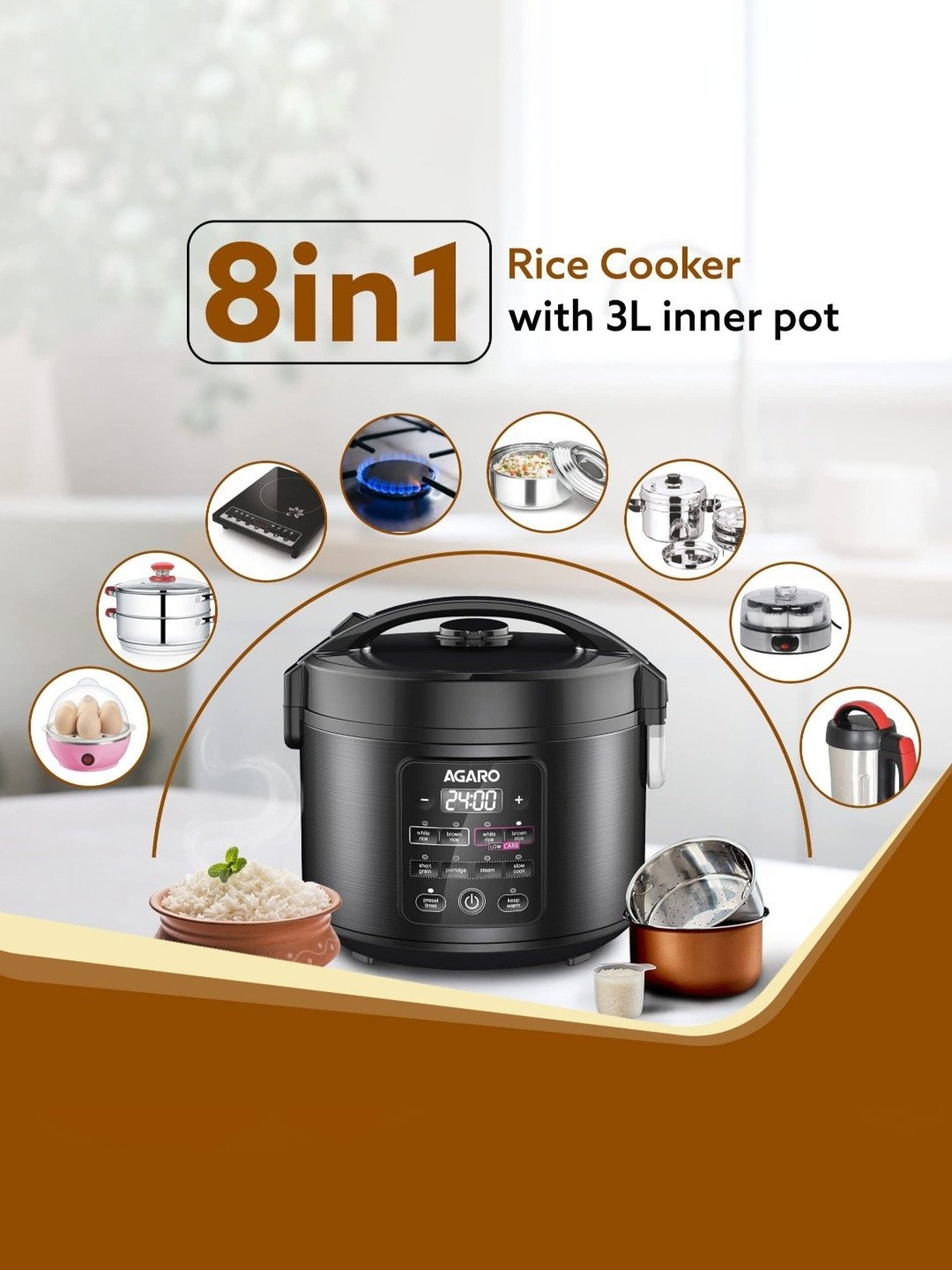 Agaro Regal Electric Rice Cooker 1.3L with Ceramic Inner Bowl & LED Display (Black)