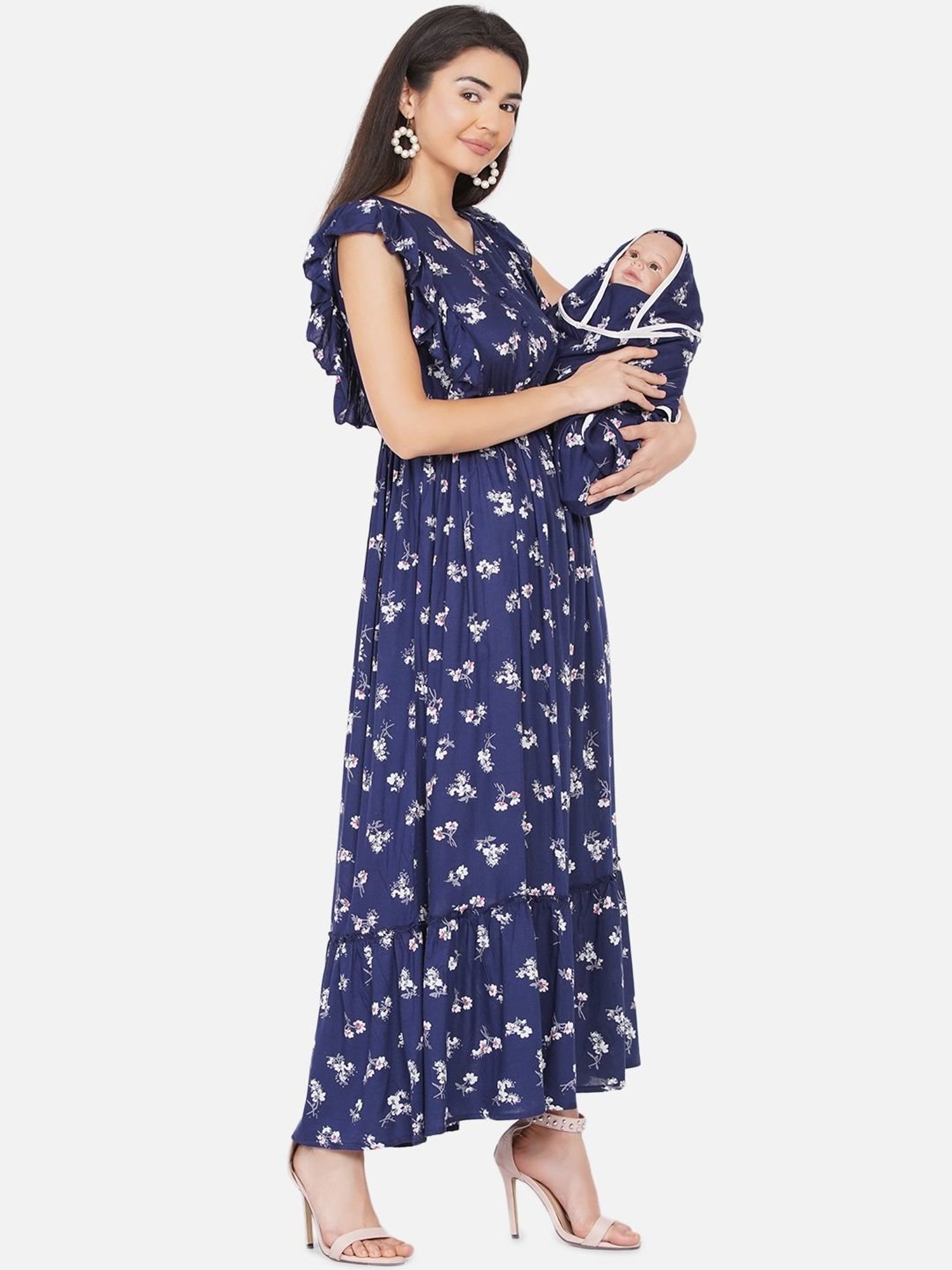 Mine4Nine Navy Floral Print Maxi Maternity Dress For Mom With Matching Baby Wrapper