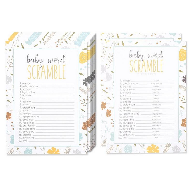 Best Paper Greetings Baby Word Scramble Party Game & Activity for Baby Shower and Gender Reveal, Answer Key Included, Floral Design, Up to 50 Guests