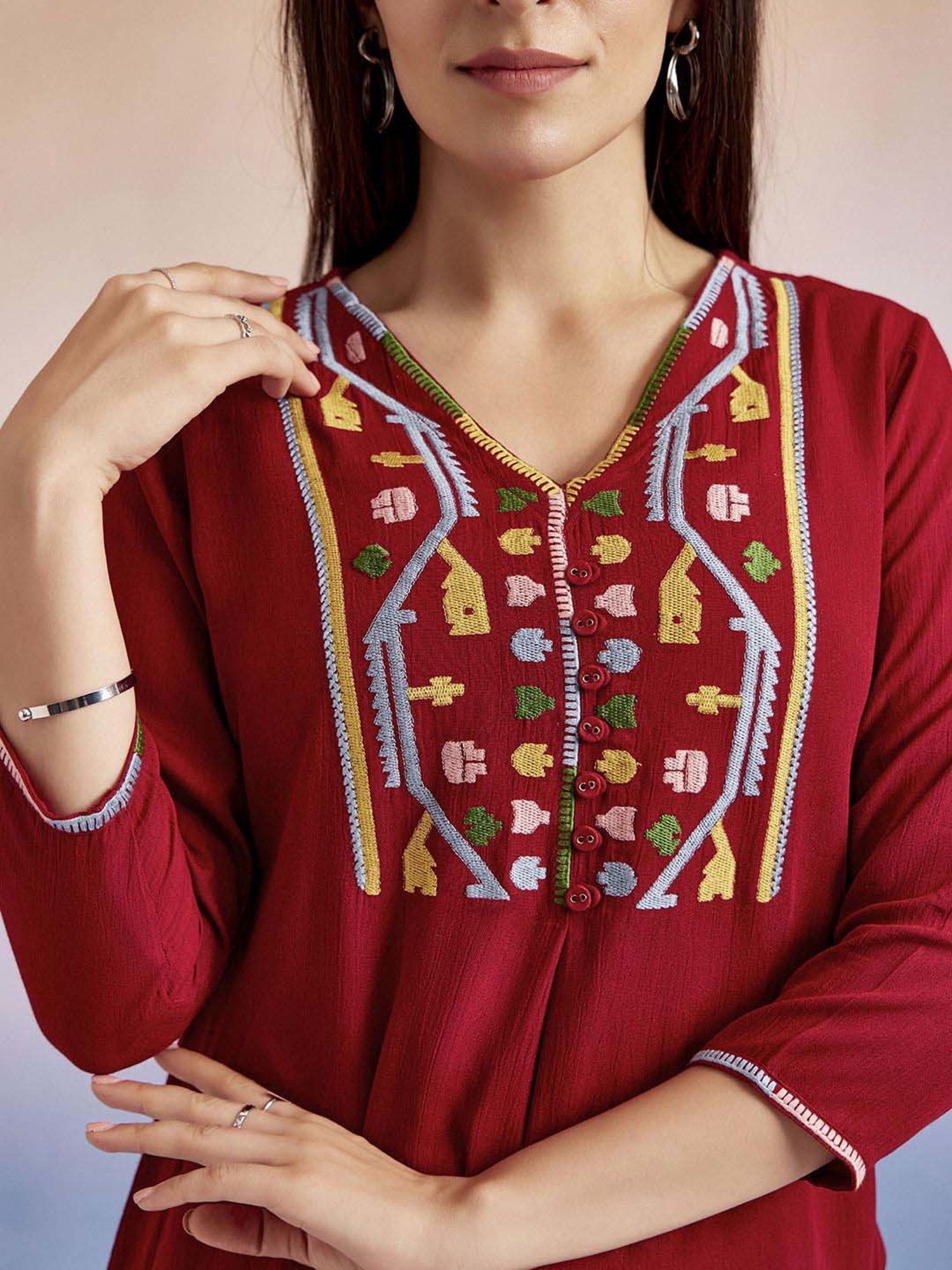 Jaipur Kurti Red Embroidered Top