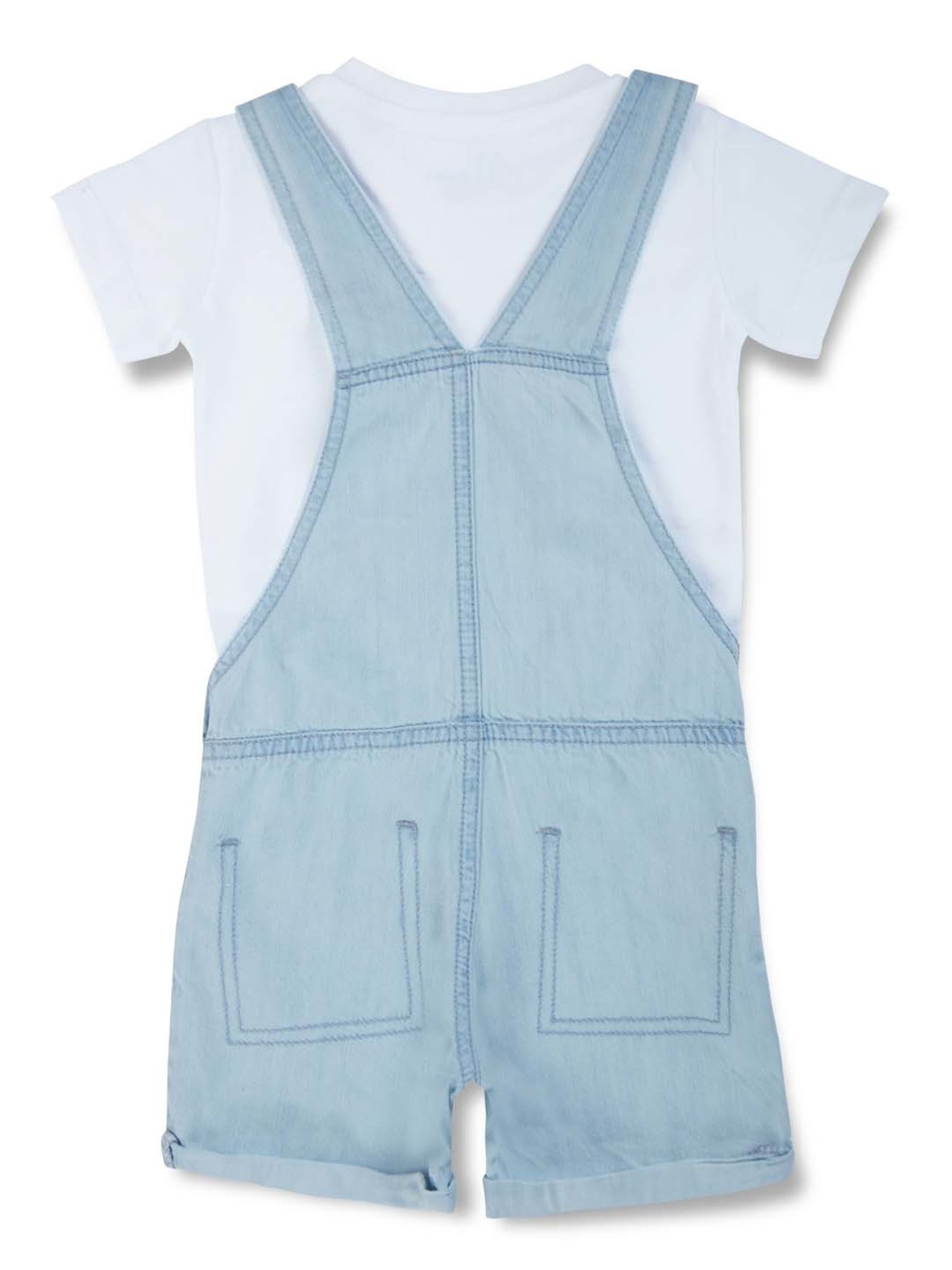 GJ baby Kids White & Blue Printed Dungaree Set