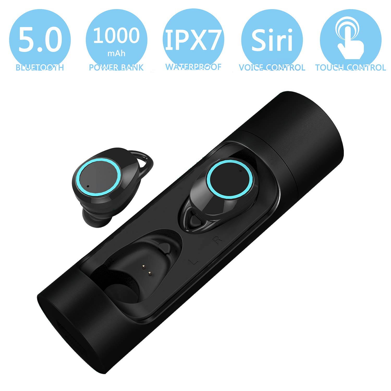 5pcs TWS Bluetooth 5.0 Wireless Earbuds With 4000Amh Charging Case IPX7 Waterproof TWS Stereo Headphones in-Ear Built-in Mic Headset Premium Sound with Deep Bass for Sport - Black