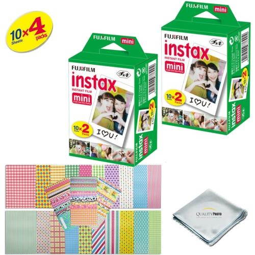 Fujifilm INSTAX Mini Instant Film 4 Pack 40 SHEETS (White) For Fujifilm Mini 8 Cameras Bundled with custom instax FRAME STICKERS and Quality Photo Microfiber Cloth for mini 8 lens