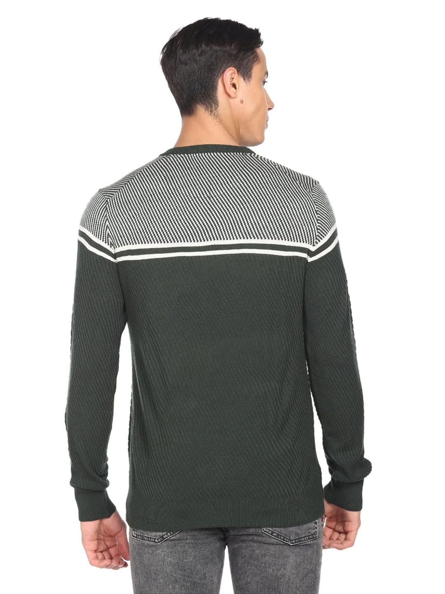 Arrow Sport Dark Grey Cotton Regular Fit Striped Sweater