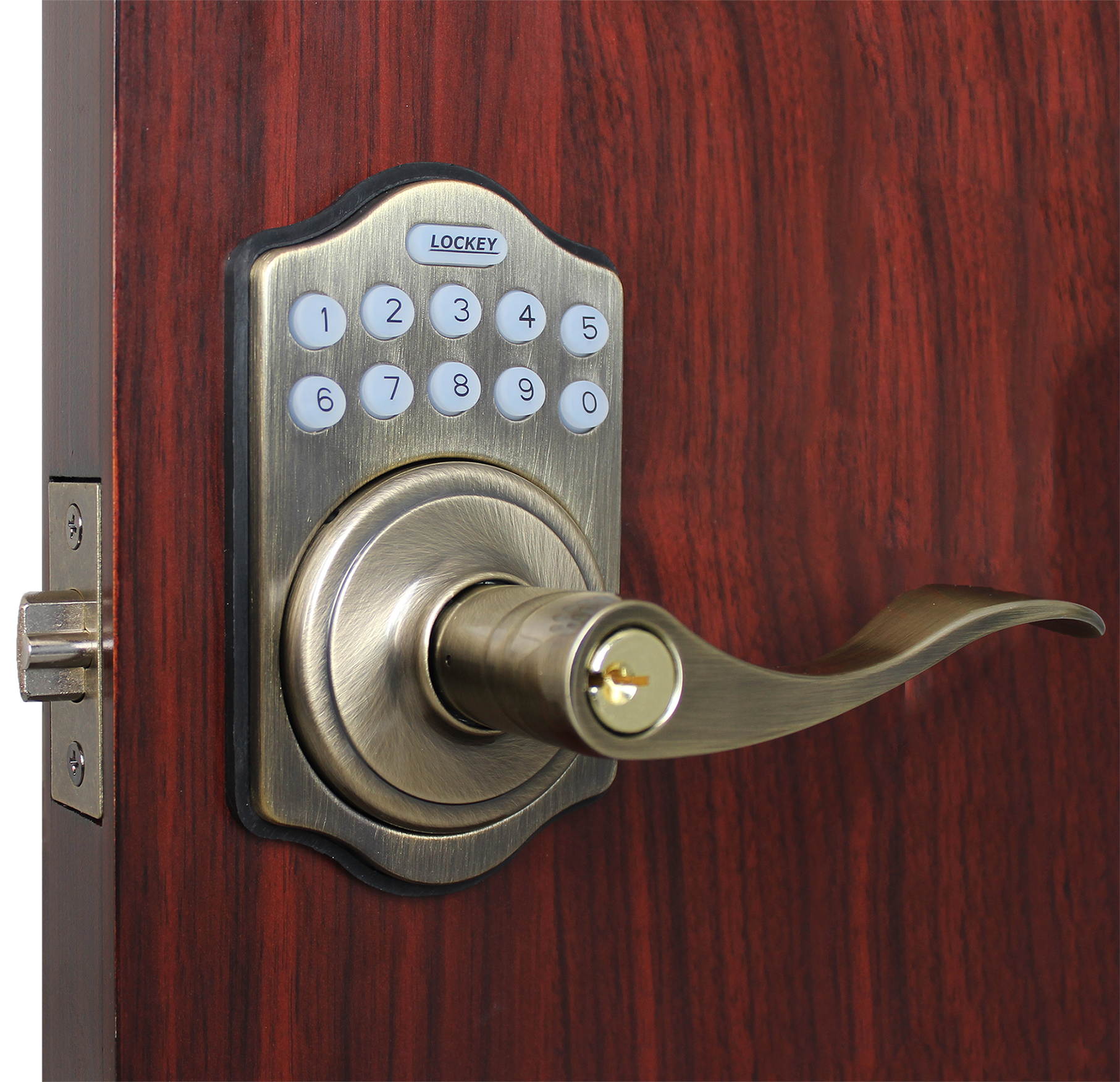 LockeyUSA E985BB Electronic Push Button Digital Door Lock, Access Control, Combination, Remote Capable, Keyless Lever Lock with Keypad Access in Bright Brass
