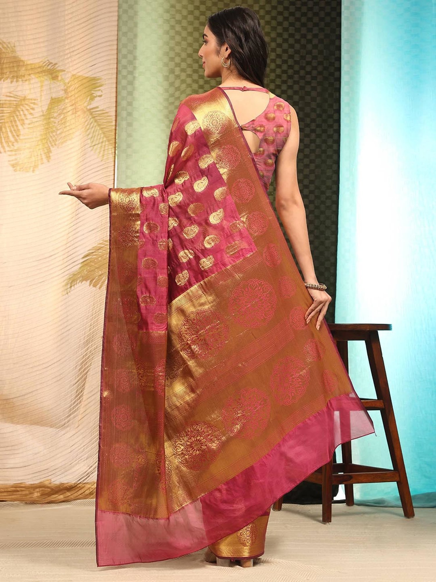 Silk Land Banarasi Silk Pink Woven Saree With Blouse