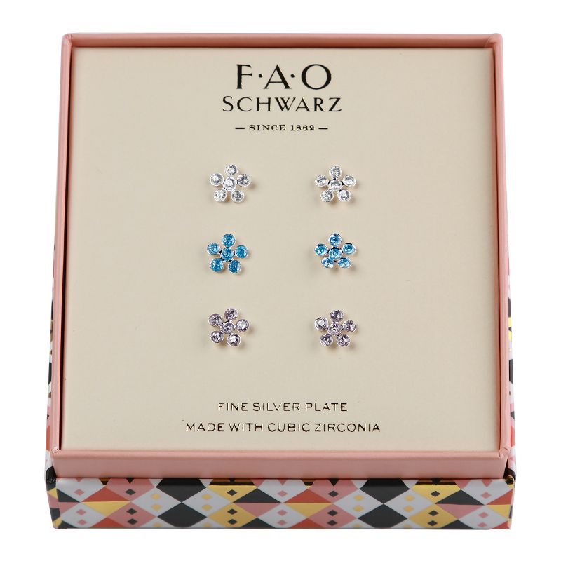 FAO Schwarz Blue, Crystal and Purple Stone Flower Trio Earring Set