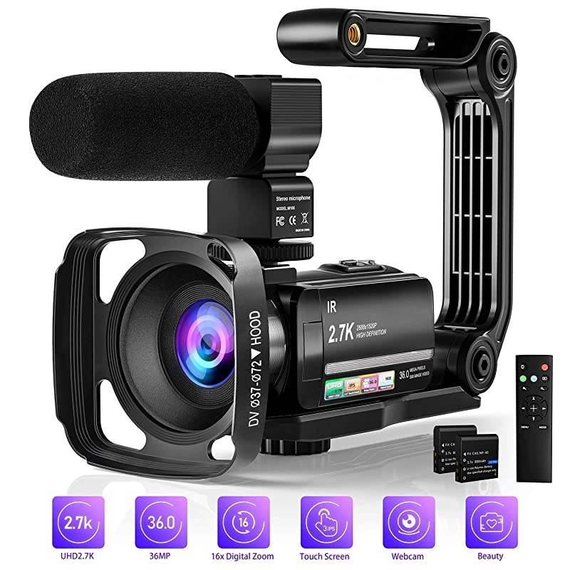 Camera Camcorder Digital Youtube Vlogging Camera 27K Full HD 36MP30FPS IR Night Vision 30quot IPS Touch Screen 16X Digital Zoom Camcorder with Microphone Remote Control 2 Batteries