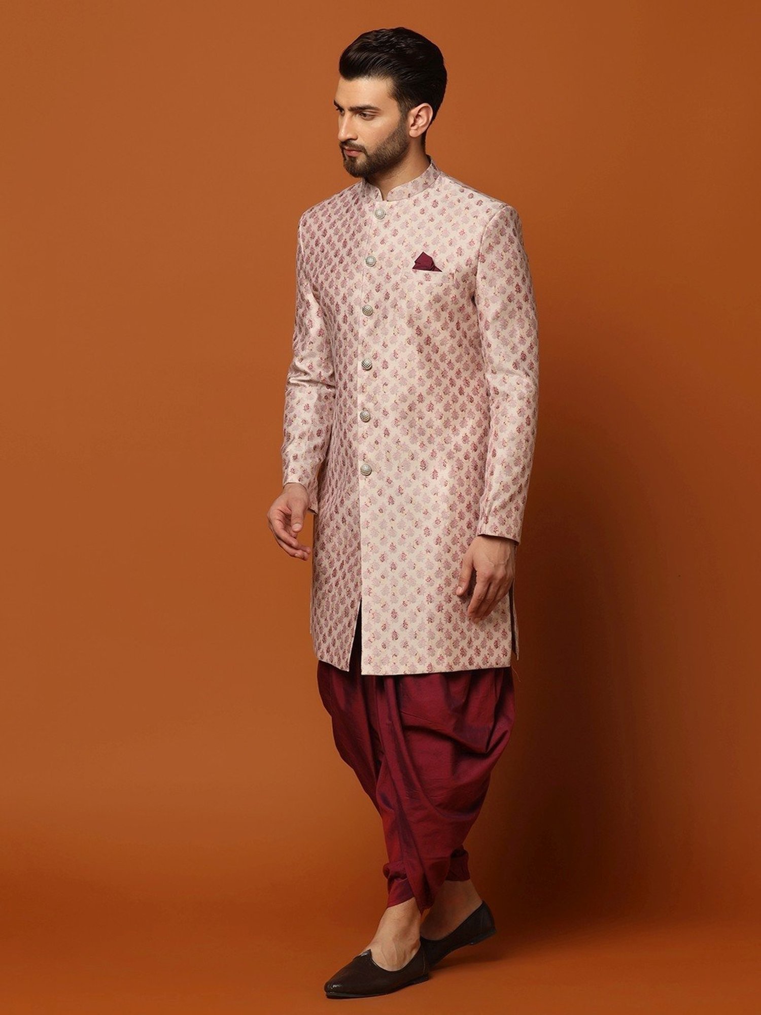Hangup Plus Beige & Black Regular Fit Printed Sherwani Set