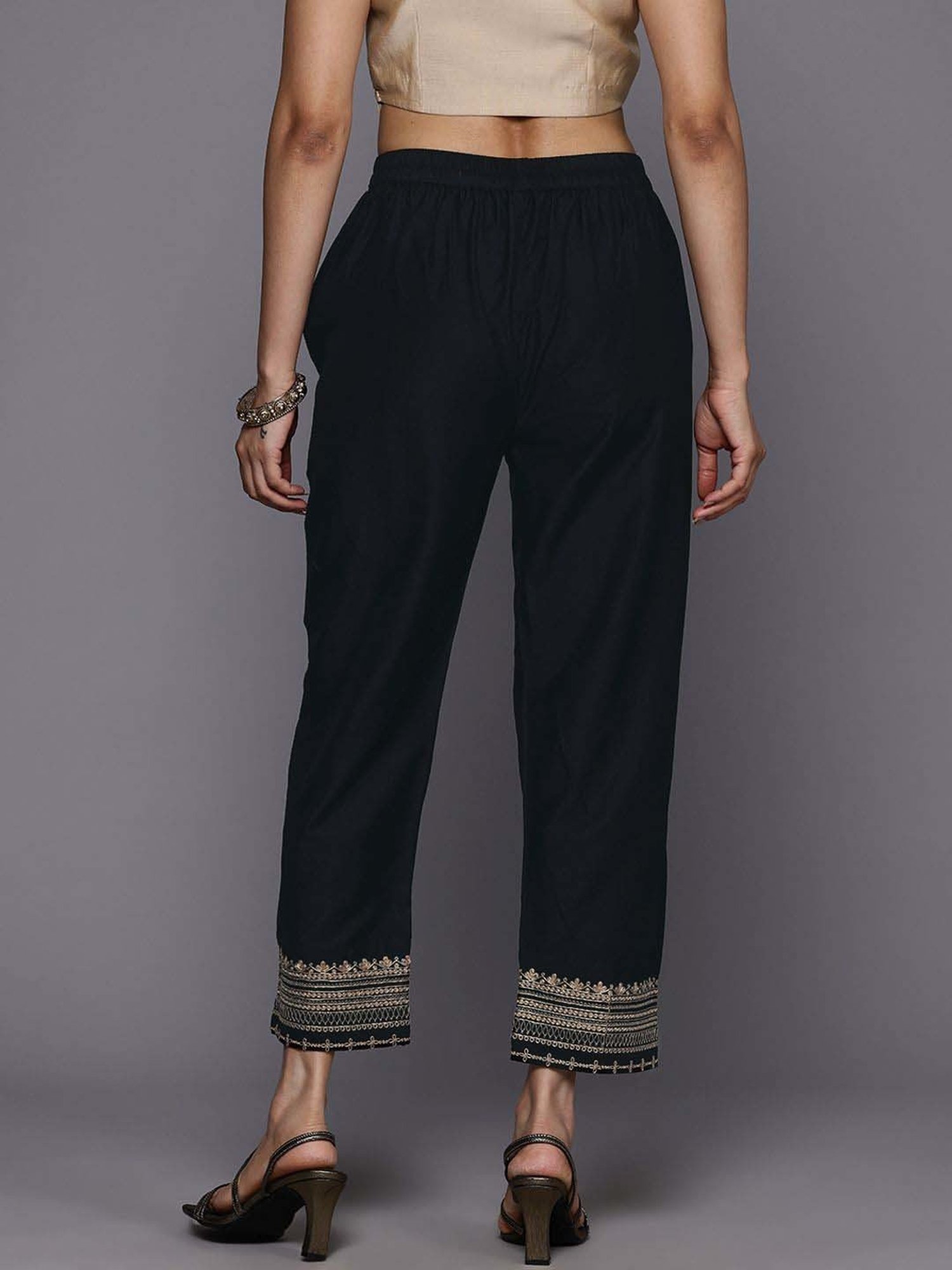 Varanga Black Cotton Embroidered Pants