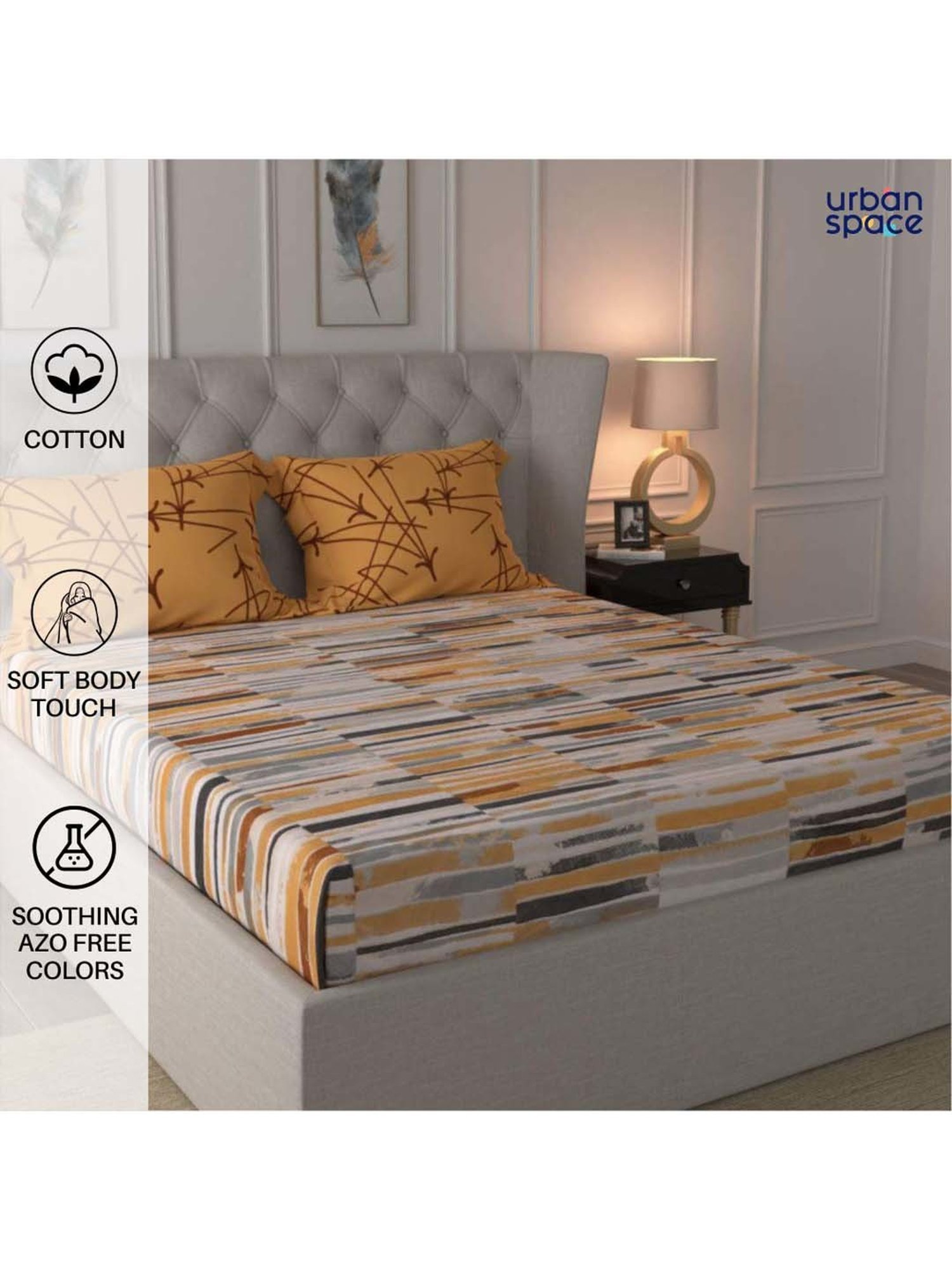 Urban Space Divine Mustard Cotton 144 TC King Fitted Bedsheet With Pillow Covers