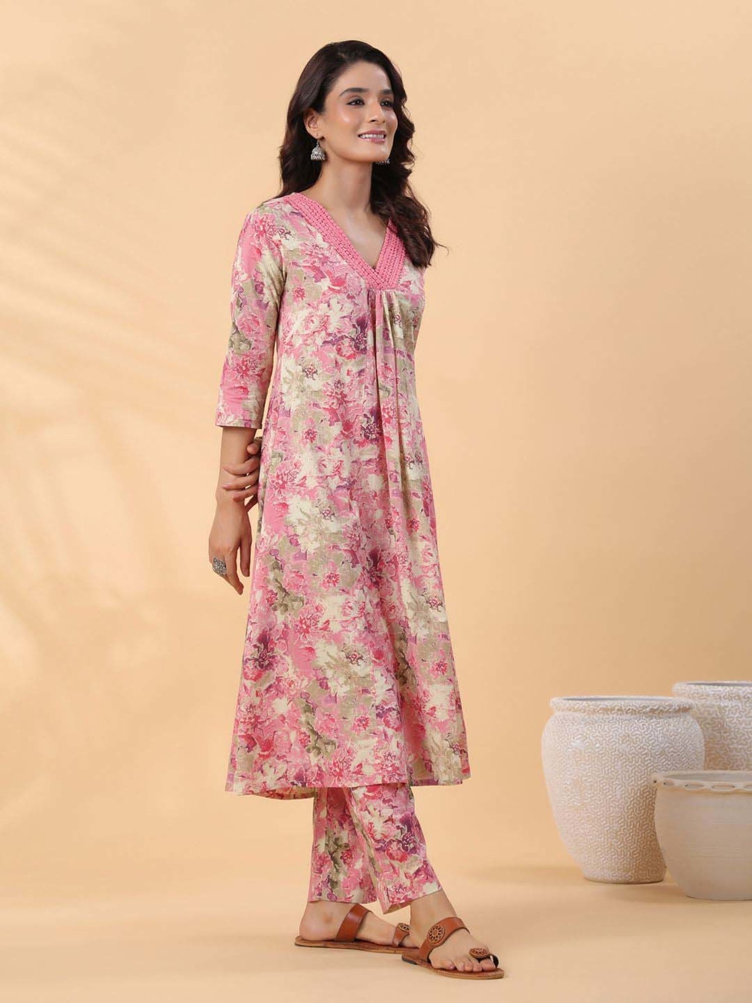 Janasya Beige Cotton Printed Kurta & Pant Set