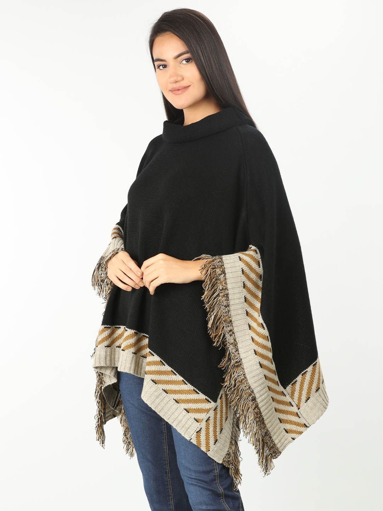 Mustard Black Regular Fit Poncho