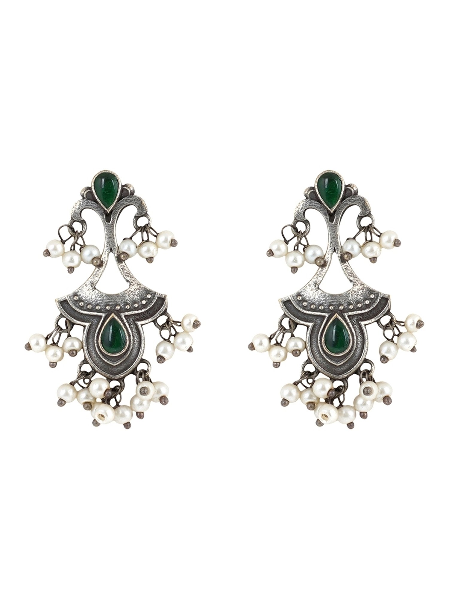 Teejh Ethnic Nilay Green Stone Silver Oxidized Dangler Earrings