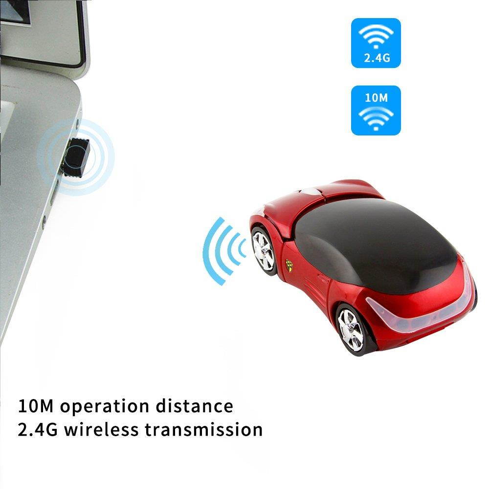 CHUYI Cool Sport Car Shaped Mouse 2.4GHz Wireless Car Mouse Ultra Small Optical Gaming Mouse Mini Office Mice for PC Computer Laptop Gift for Kids or Girls (Red)