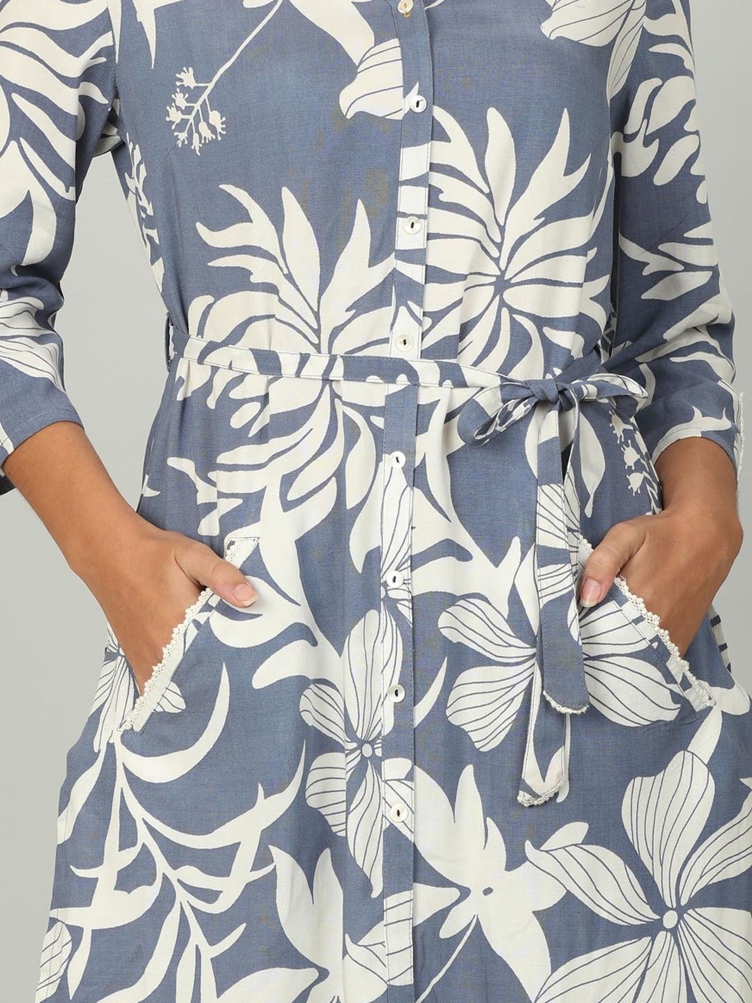 Mustard Blue & White Floral Print Shirt