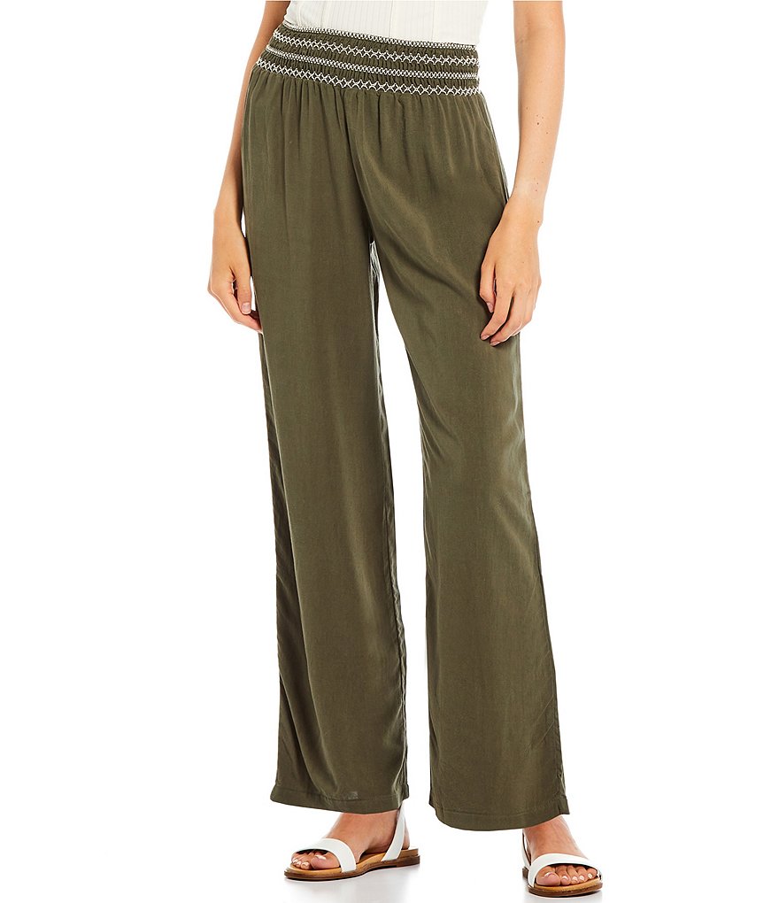 June & Hudson Contrast Smocked Waist Wide Leg Pants