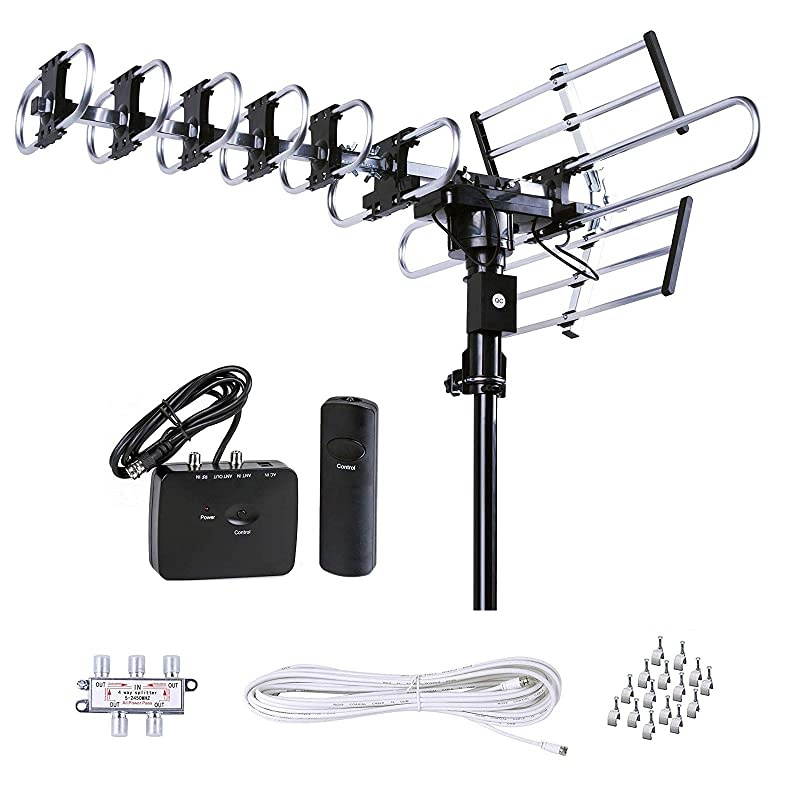 Outdoor HD TV Antenna Strongest Up to 200 Miles Long Range with Motorized 360 Degree Rotation, UHF/VHF/FM Radio with Infrared Remote Control Advanced Design Plus Installation Kit