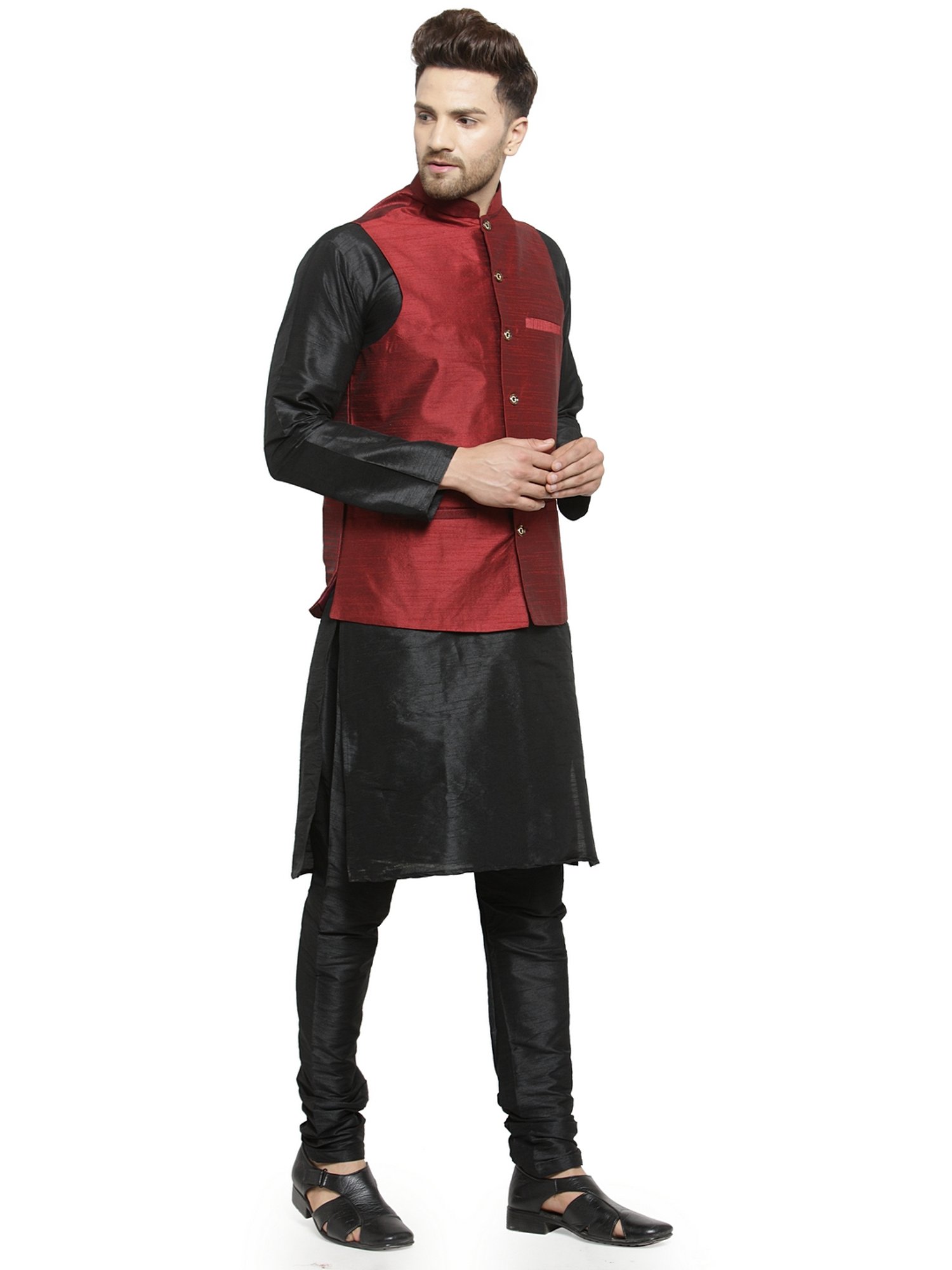 Benstoke Black & Maroon Regular Fit Kurta Set With Jacket