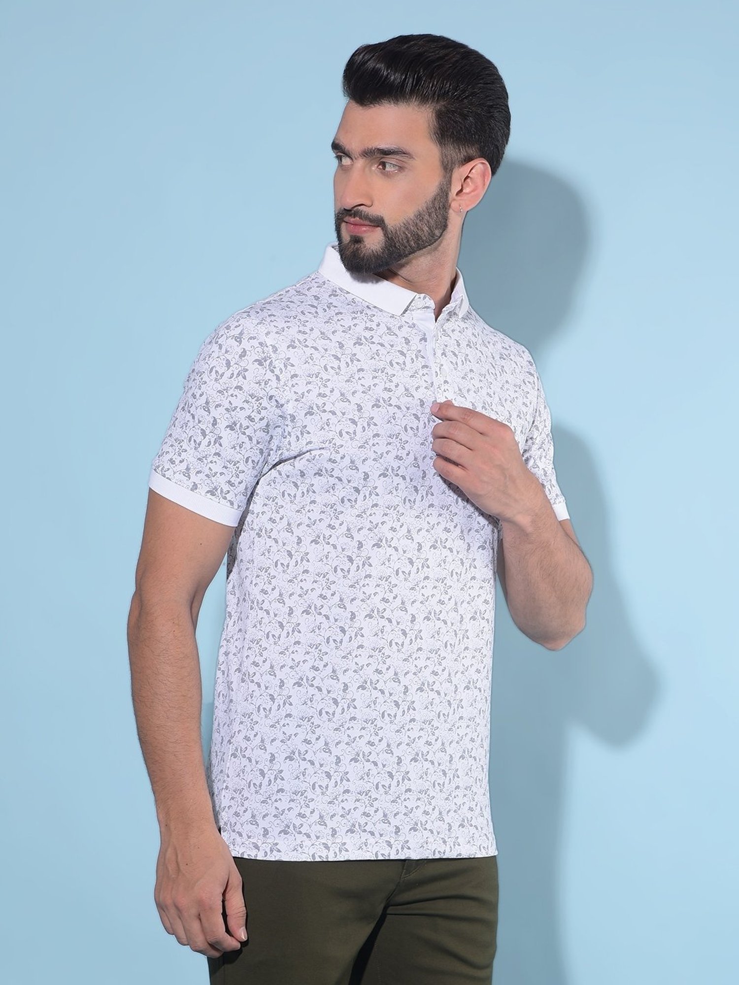 Crimsoune Club Blue Cotton Slim Fit Floral Print Polo T-Shirt