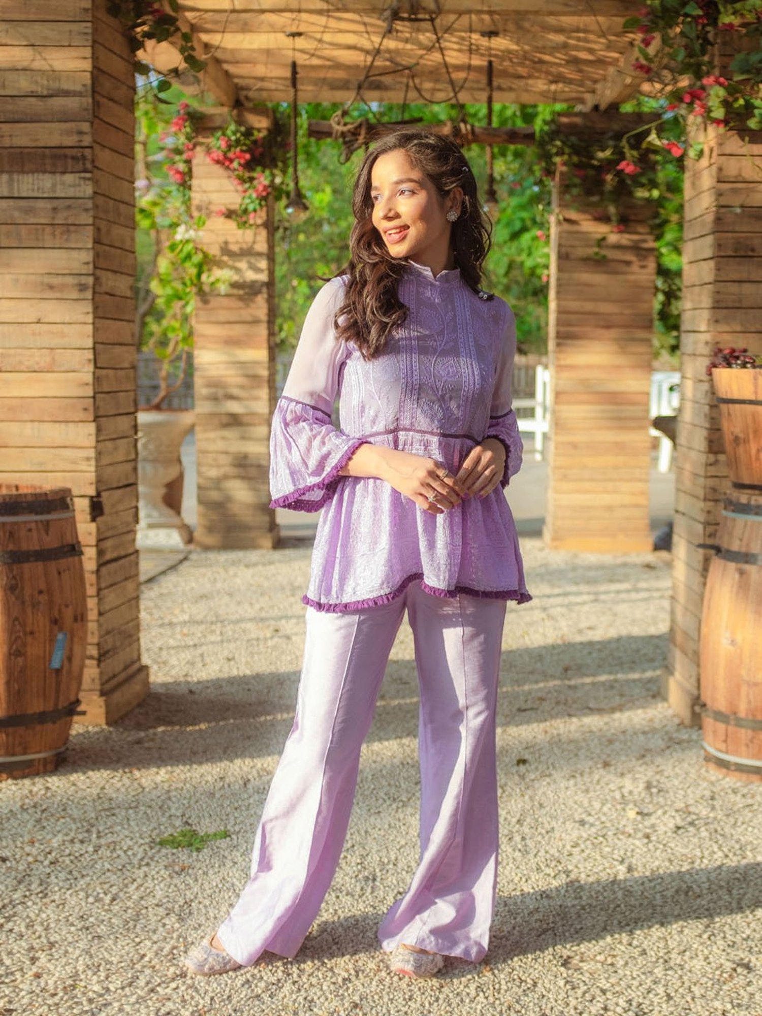 Monk and Mei Nazm Flared Chikankari Top & Pants- Veryperi Violet