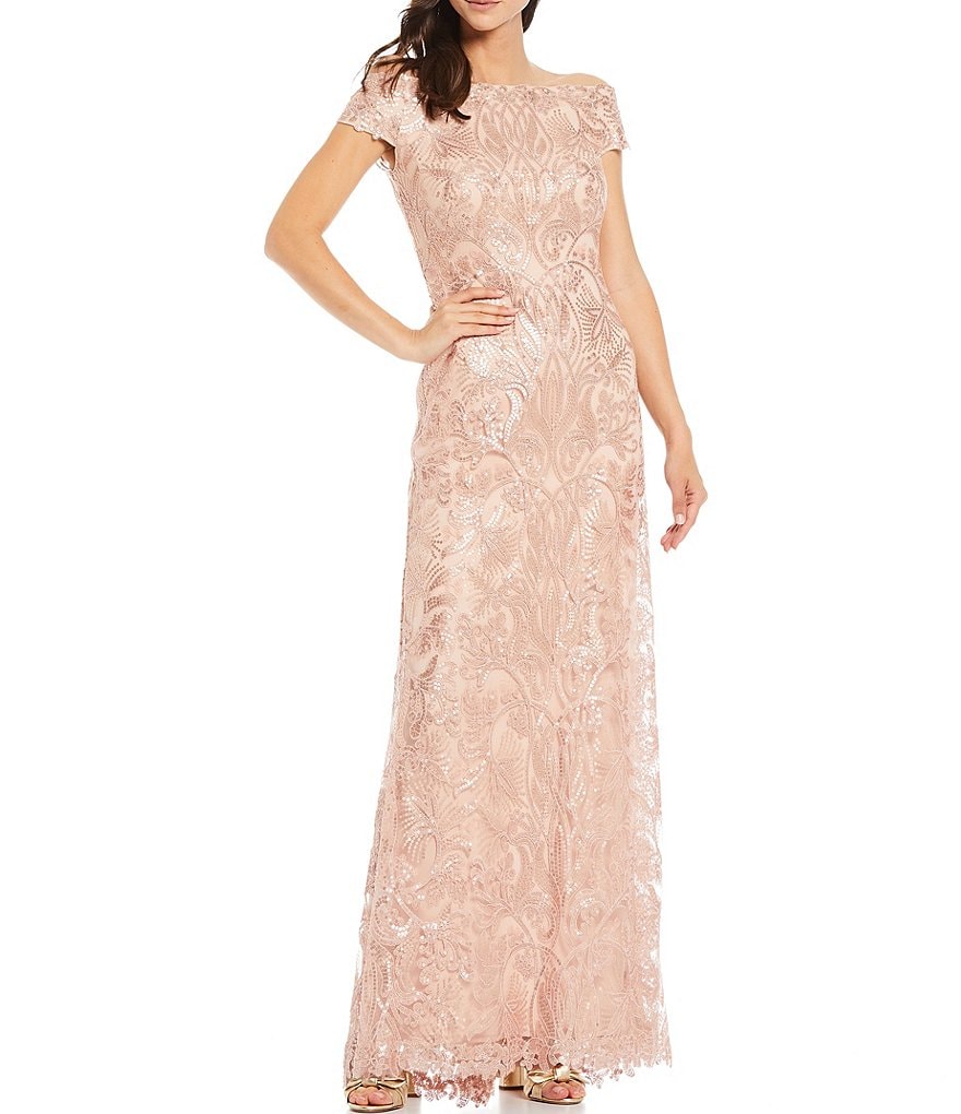 Tadashi Shoji Sequin Lace Off-the-Shoulder Cap Sleeve A-Line Gown