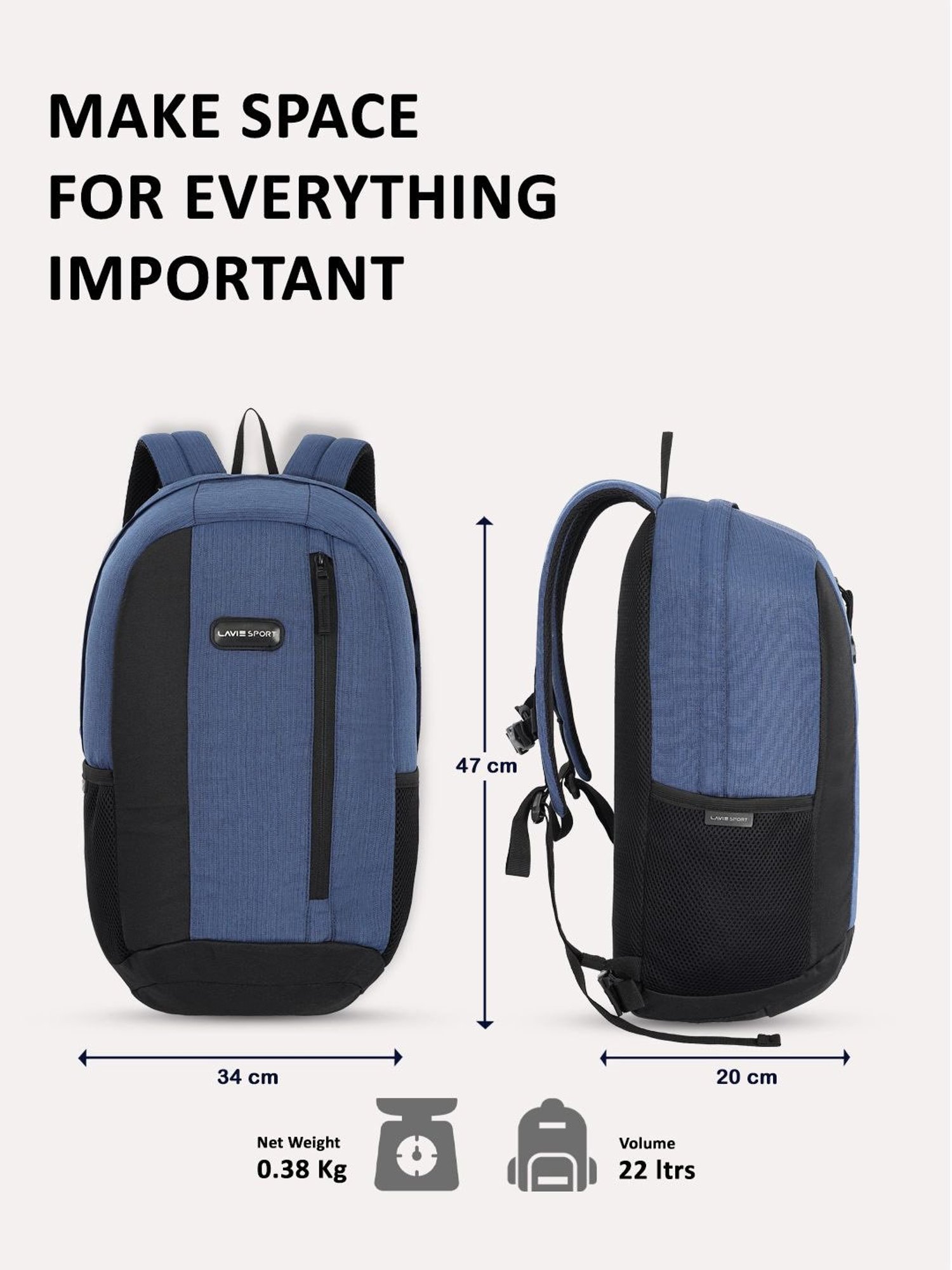 Lavie Sport 22L Edge Casual Backpack for Girls and Boys|Men & Women (Navy)