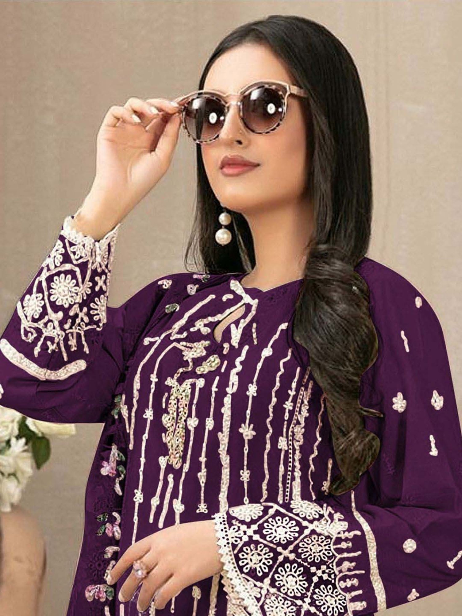 Odette Purple Embroidered Semi Stitched Dress Material