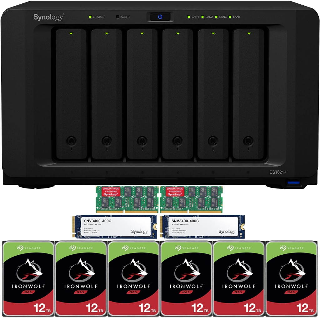 Synology DS1621+ DiskStation with 8GB RAM and 12TB (6 x 2TB) of Seagate Ironwolf NAS Drives and 800GB (2x400GB) NVME Cache Fully Assembled and Tested By CustomTechSales