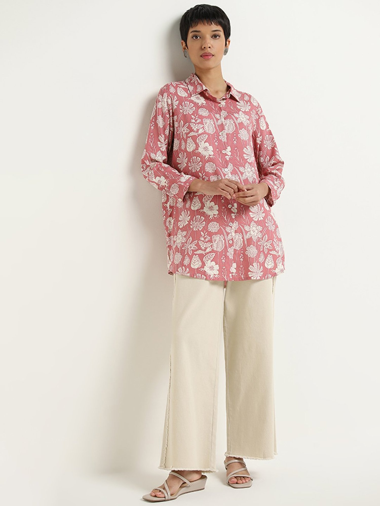 Utsa by Westside Light Red Floral Design Straight Tunic