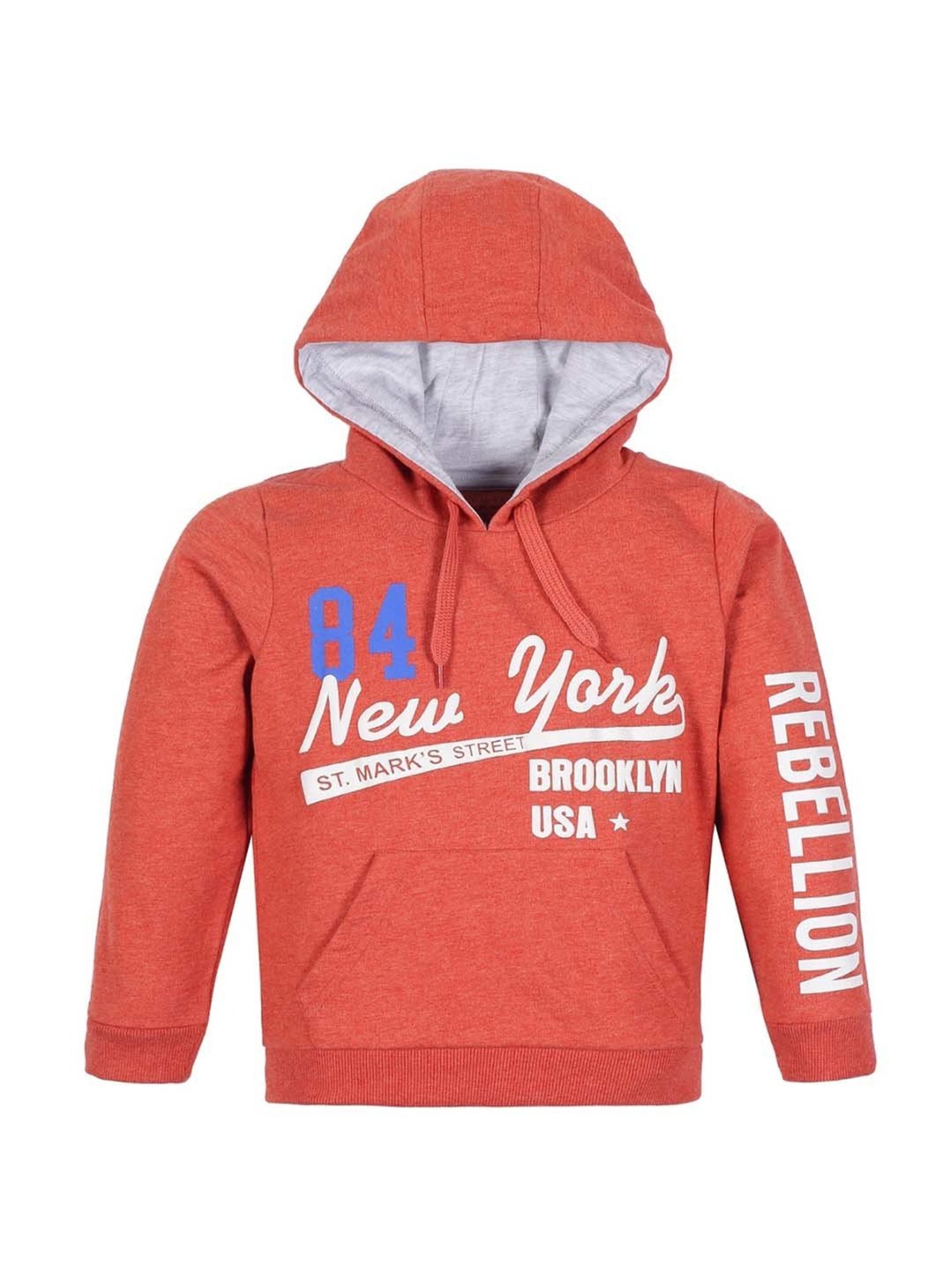 Plum Tree Kids Orange Cotton Printed Full Sleeves Hoodie